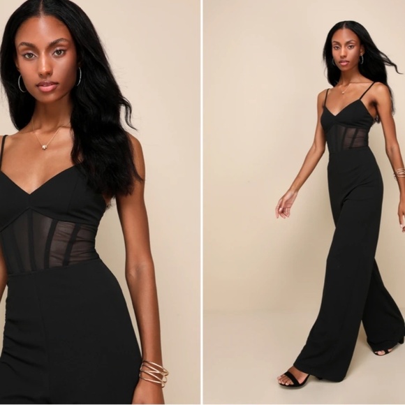 LULU's Sexy Chic Elegant Sheer Bustier Corset Black Wideleg Jumpsuit Pantsuit - Picture 5 of 6